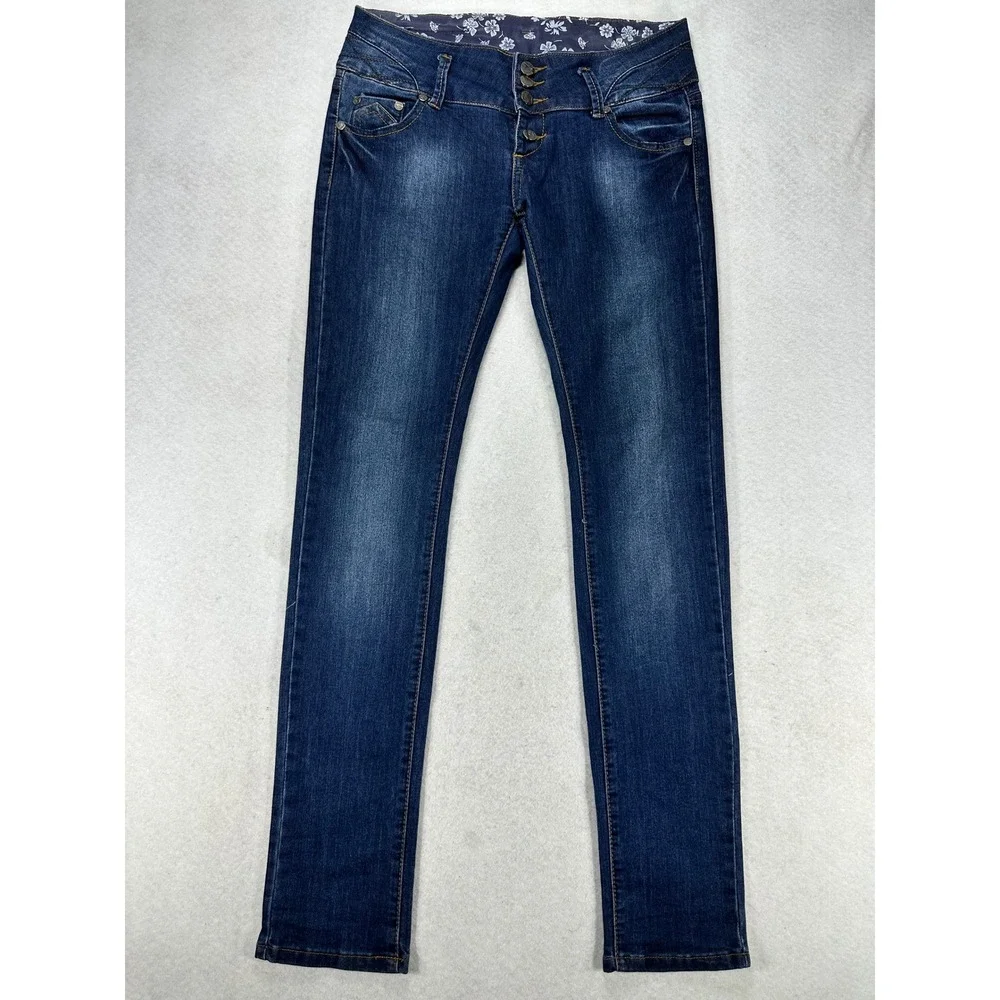 Luxury Group Womens Dark Wash Skinny Jeans Size 30 Button Fly Floral Waistband